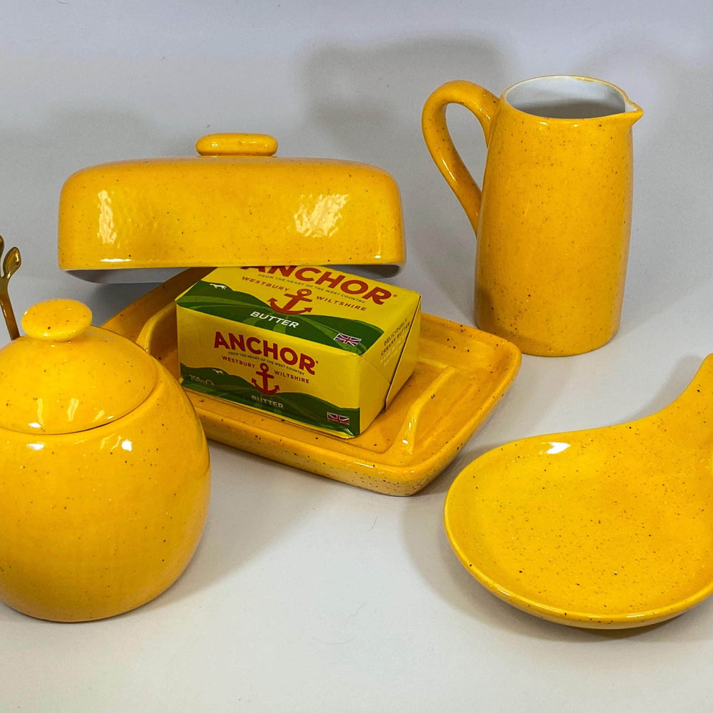 Butter Dish, Sugar Bowl, Spoon Rest and Milk Jug Set - Speckled Yellow