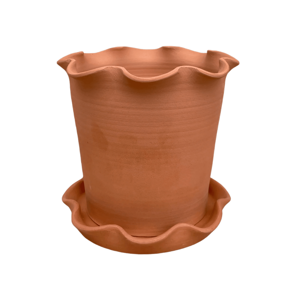 Frilly Plant Pot and Saucer - Terracotta.