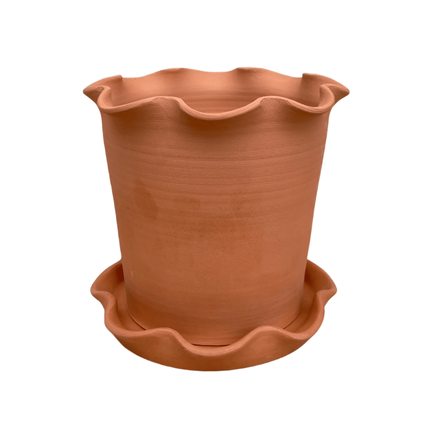 Frilly Plant Pot and Saucer - Terracotta.