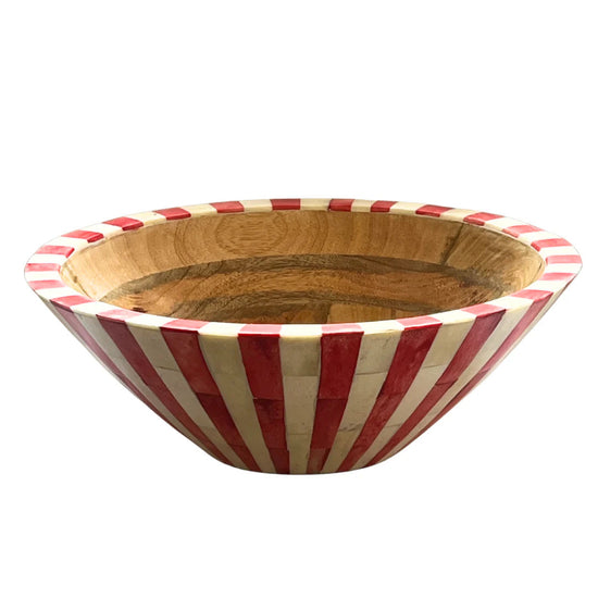 Large Bone Inlay Bowl | Red & White | Striped