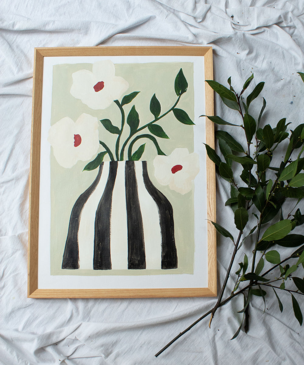 Striped Vase and White Flowers, Giclée Print