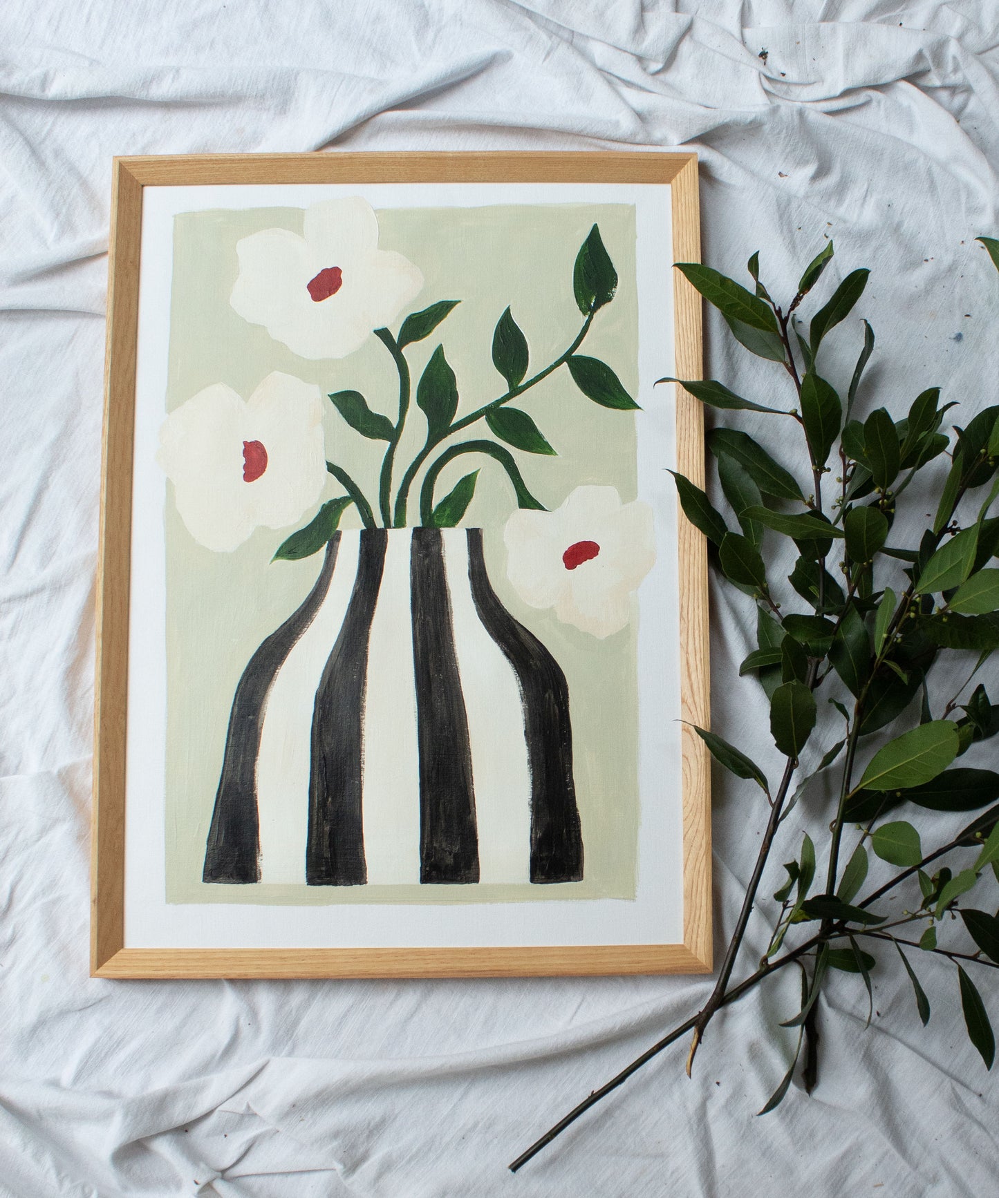 Striped Vase and White Flowers, Giclée Print