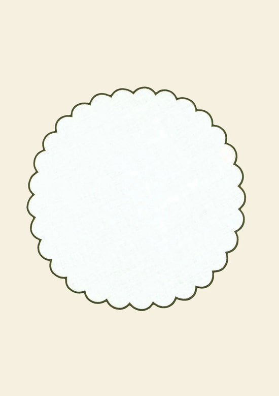 The White and Forest Green Linen Scalloped Round Placemats (Set of 2)