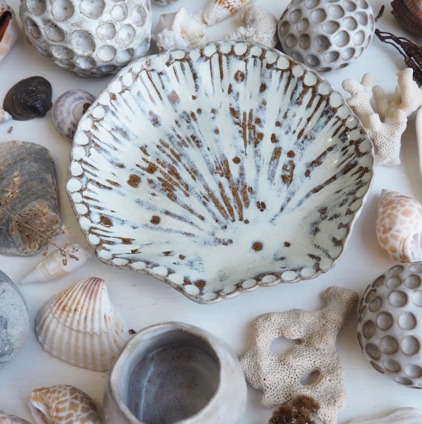 Handmade Pottery White and Brown Shell Dish