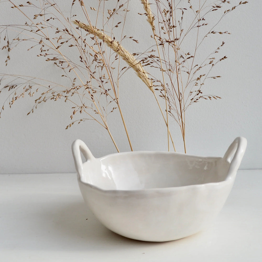 Handmade White Gloss Ceramic Bowl with Handles