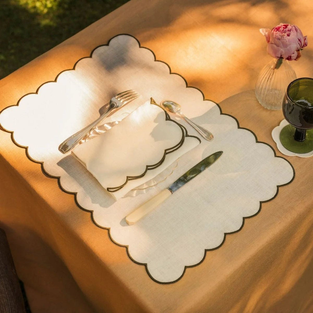 The White and Blue Slate Linen Scalloped Rectangular Placemats (Set of 2)