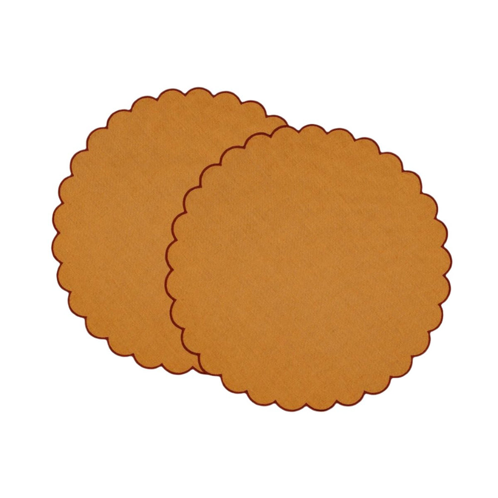 The Yellow and Red Ochre Linen Scalloped Round Placemats (Set of 2)