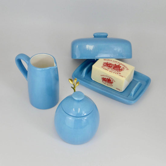 Butter Dish, Sugar Bowl, Milk Jug Set Sky Blue Glaze