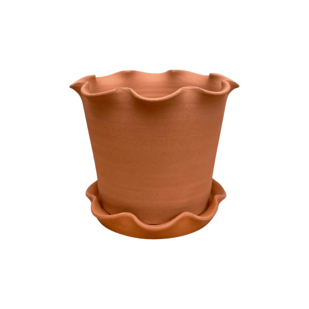 Frilly Plant Pot and Saucer - Terracotta.