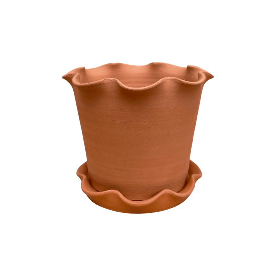 Frilly Plant Pot and Saucer - Terracotta.