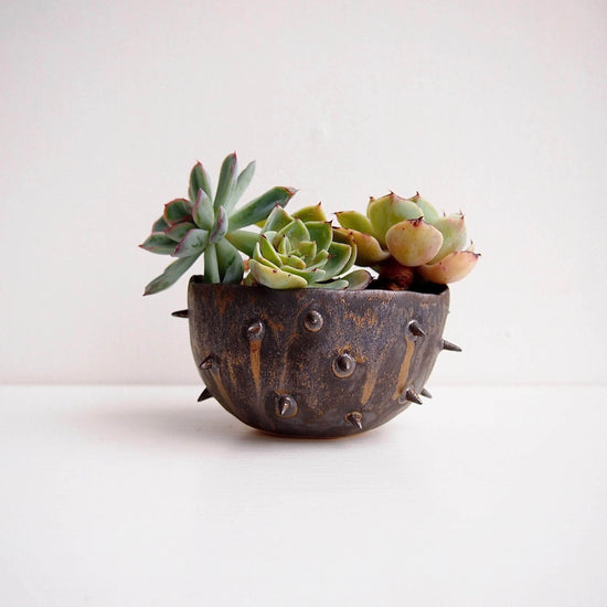 Handmade Spiky Gold Black Ceramic Planter Bowl