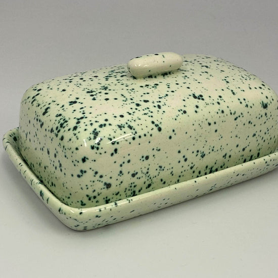 Butter Dish, Sugar Bowl, Milk Jug Set Speckled Green Glaze