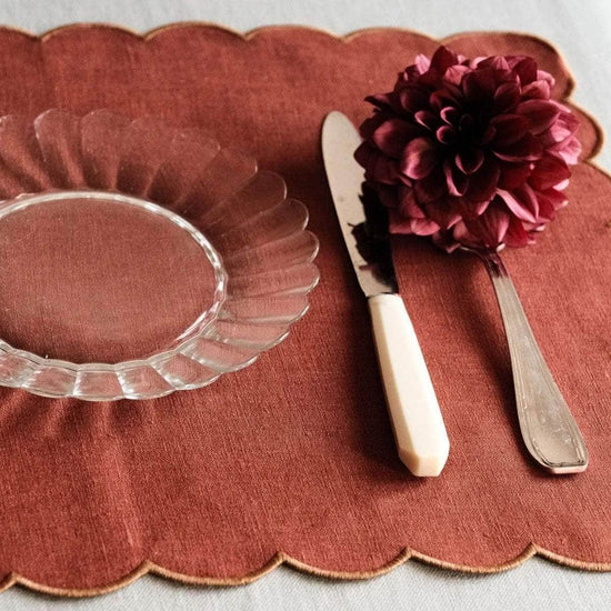 The Red and Yellow Ochre Linen Scalloped Rectangular Placemats (Set of 2)