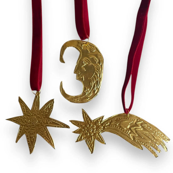 Hand Embossed Moon, Shooting Star and Star Tin Ornaments Trio