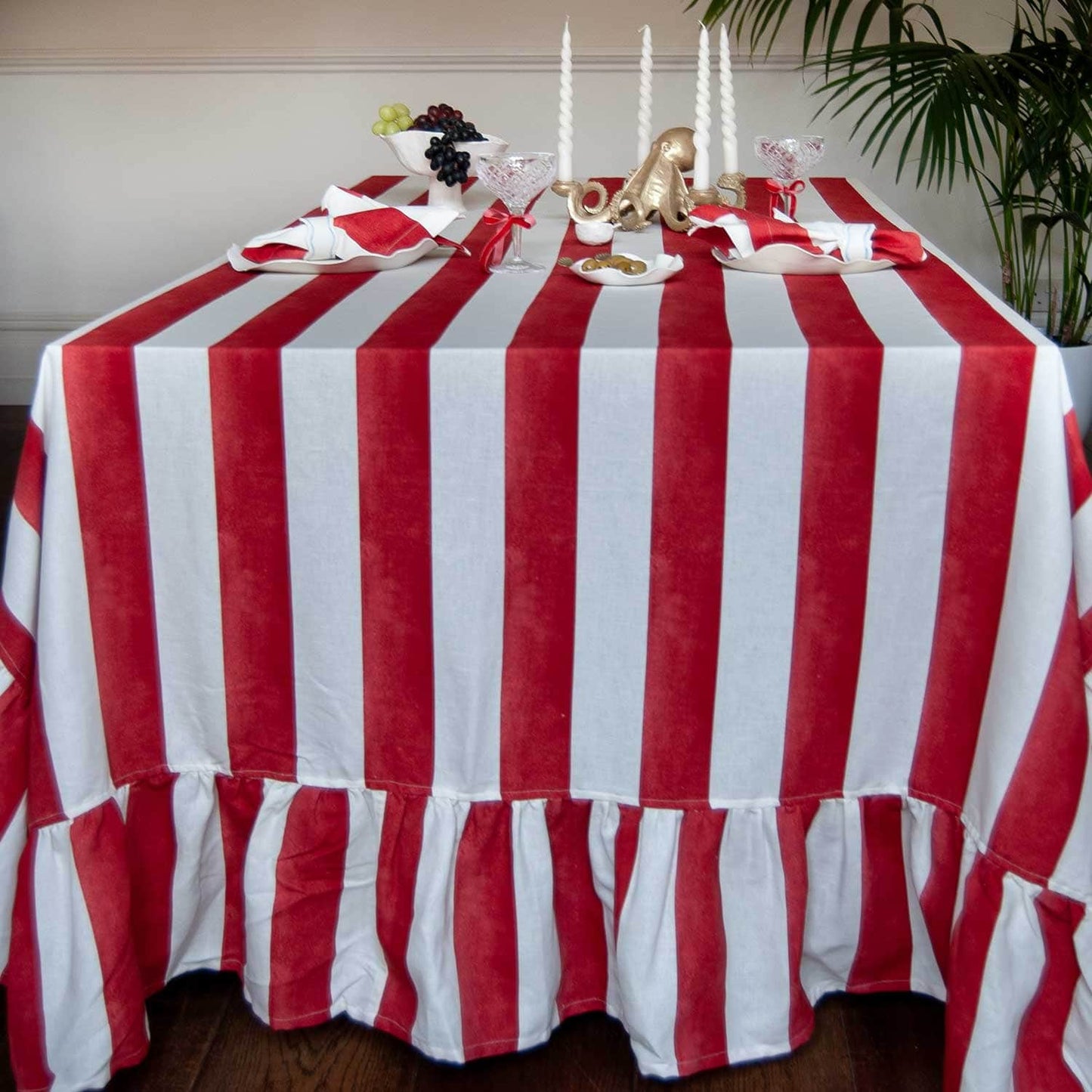 Red Striped Cotton Rectangle Tablecloth Ruffle