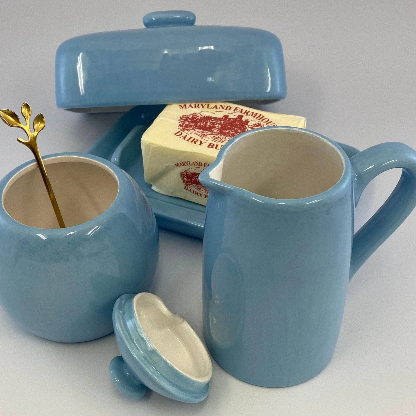 Butter Dish, Sugar Bowl and Cream Jug Set - Powder Blue