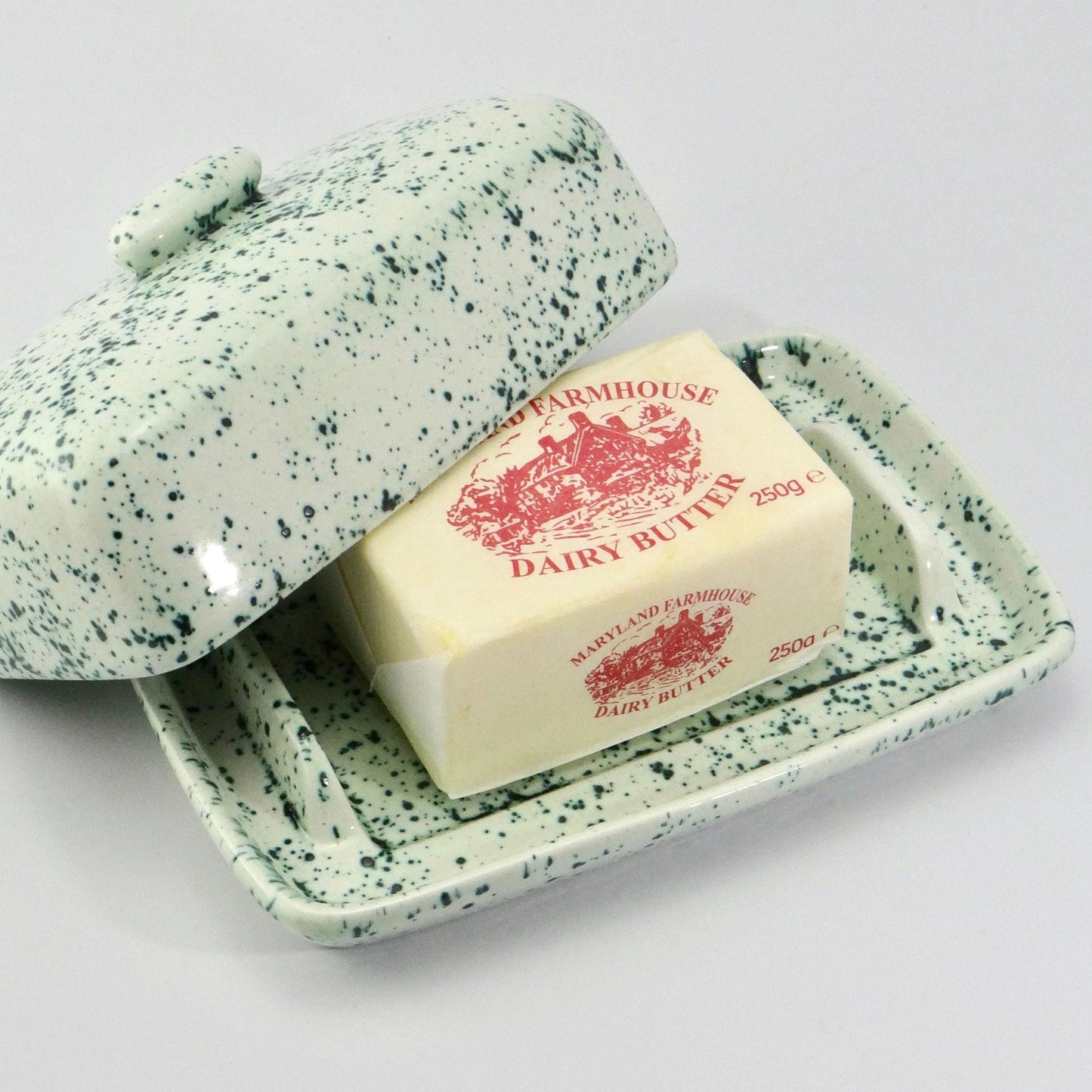 Butter Dish, Speckled Green Glaze