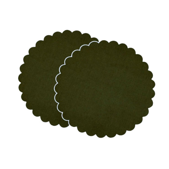 The Forest Green and White Linen Scalloped Round Placemats (Set of 2)