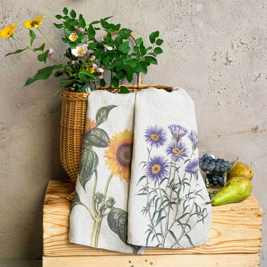 Linen Kitchen Towels ASTER & SUNFLOWERS Set of 2