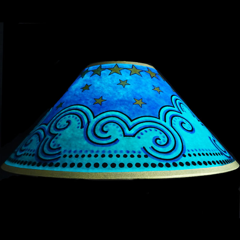 Clouds & Stars Hand Painted 14" Lampshade in Blue Gold