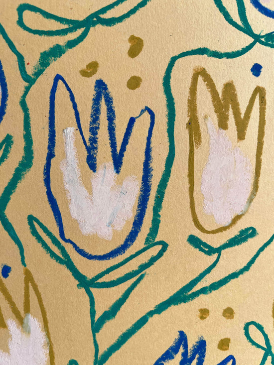 Blue and Gold Tulips on Yellow Background I Original Painting A3