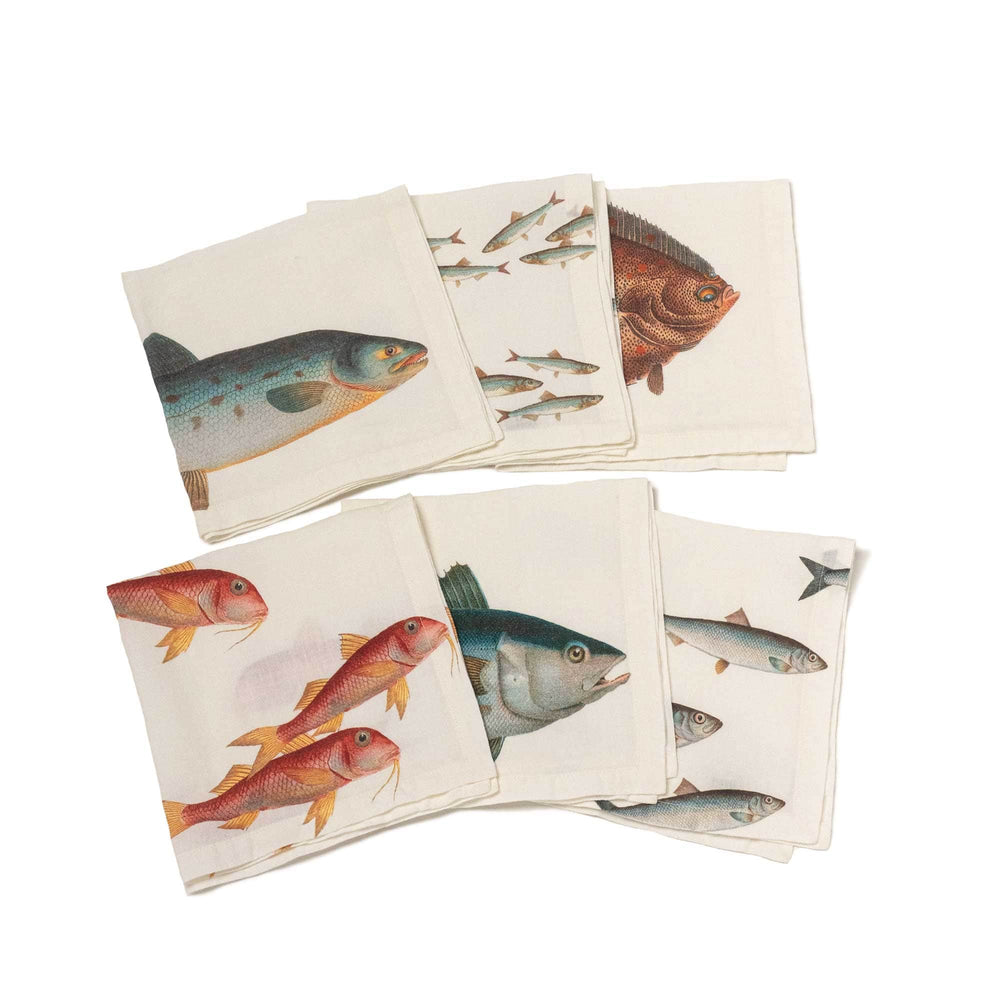 Linen Napkins SEA FISH Set of 6 Off White