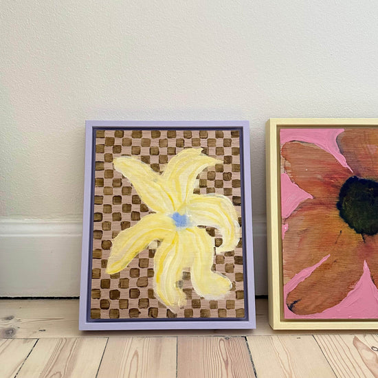 Yellow Bloom on Wood Checkerboard - Original Painting