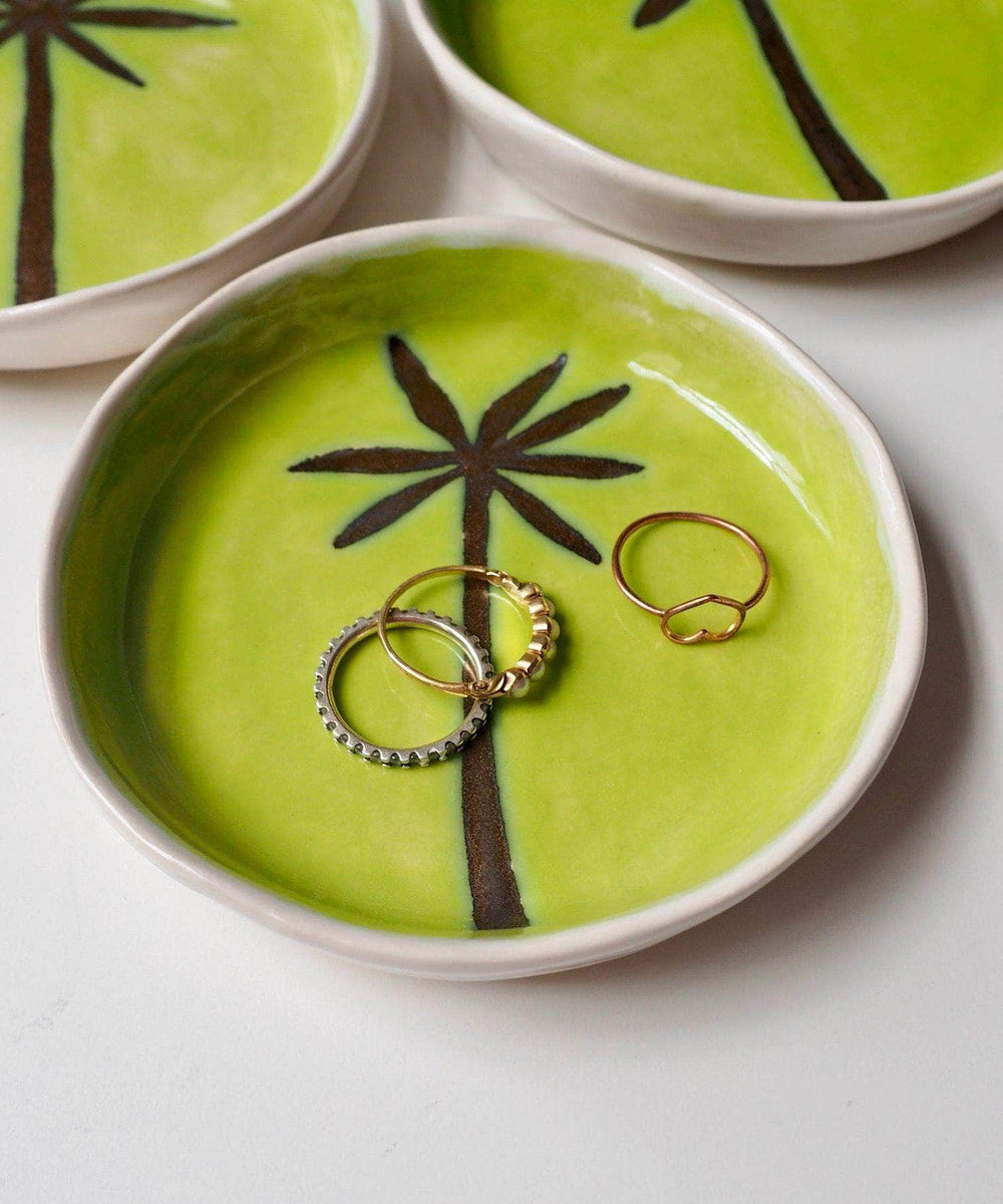 Handmade Green And Gold Ceramic Palm Tree Ring Dish