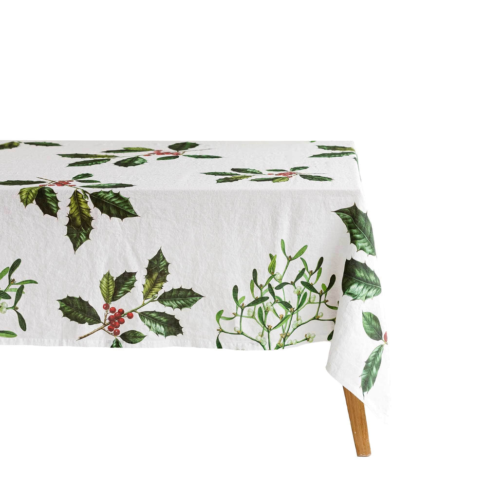 Linen tablecloth HOLLY & MISTLETOE White