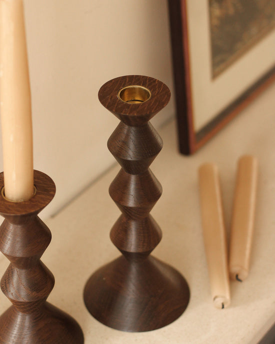 Fumed Oak Turned Wooden Candlestick