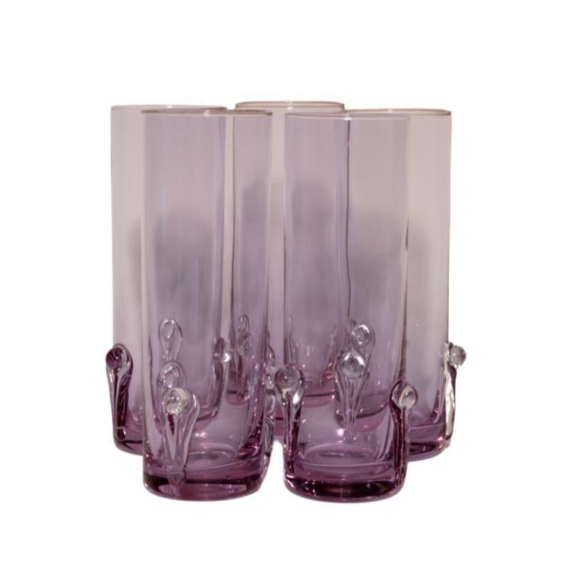 Rare Set of 5 Tall Alexandrite Glasses With Sculptural Pattern