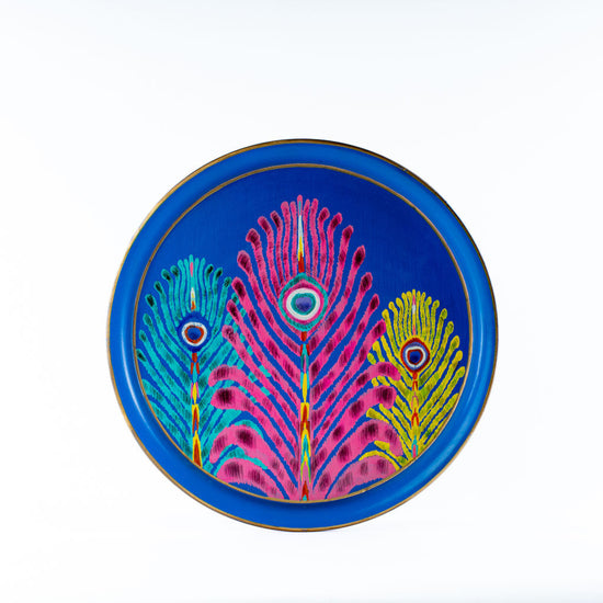 Les Ottomans x Matthew Williamson Hand-Painted Peacock Iron Tray - Blue