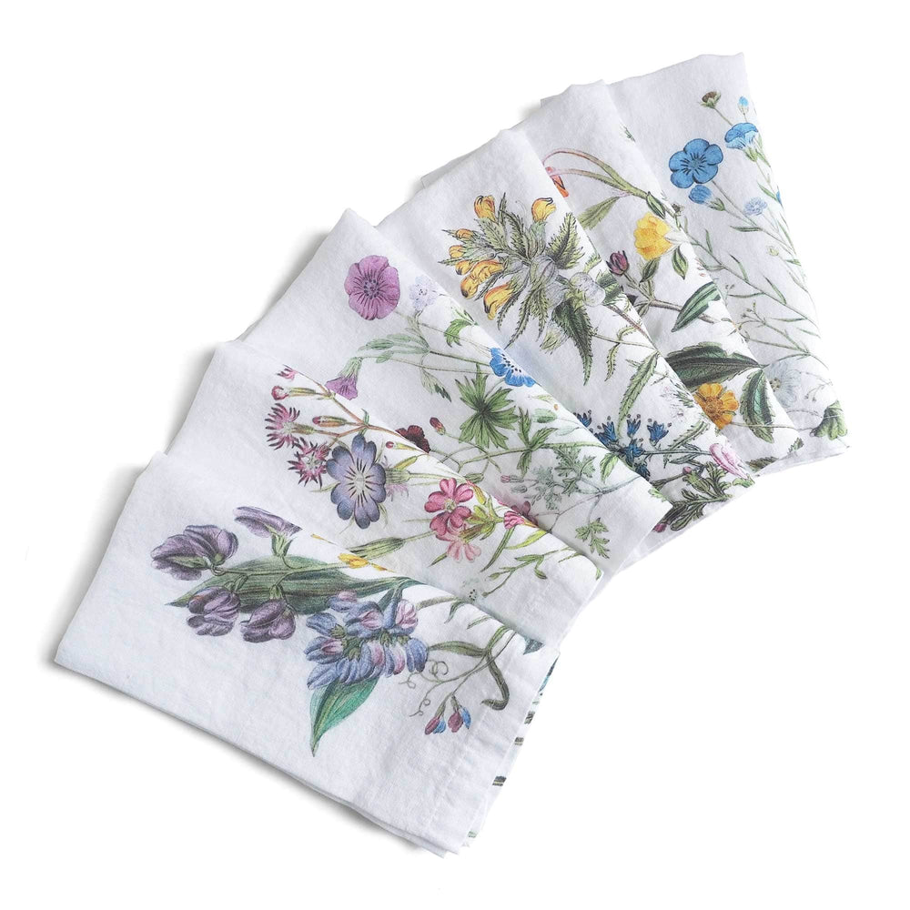 Linen Napkins WILD FLOWERS Set of 6 White