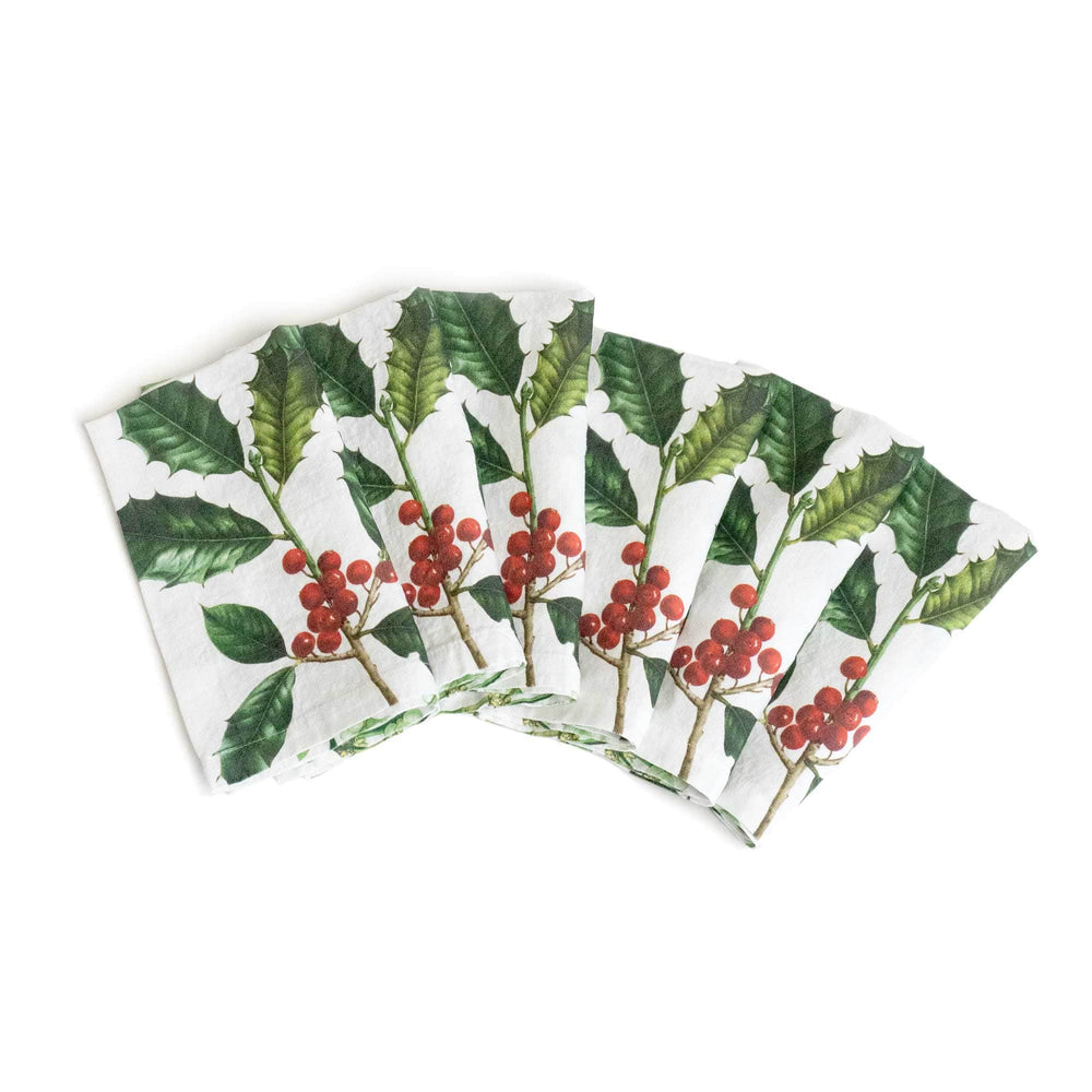 Linen Napkins HOLLY & MISTLETOE Set of 6 White