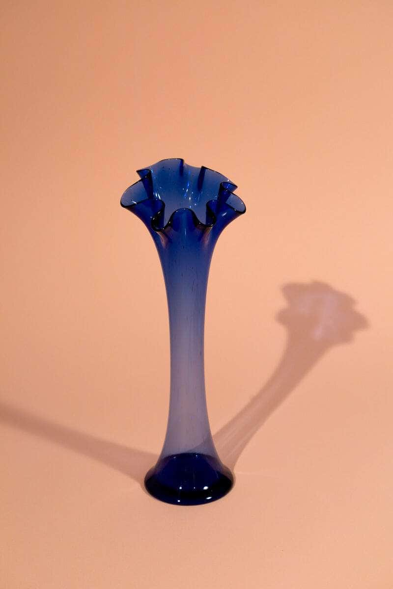 Vintage Ruffled Cobalt Blue Art Glass Vase