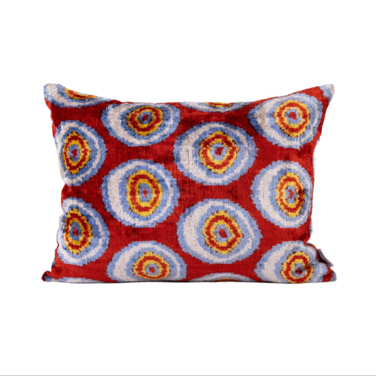 Silk Velvet Ikat Cushion - Red Circles