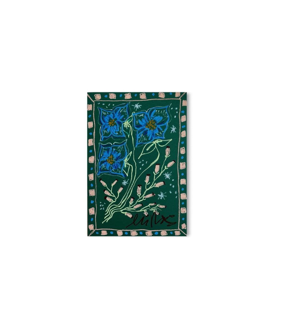 Blue Florals on Dark Green Background I Original Painting A3