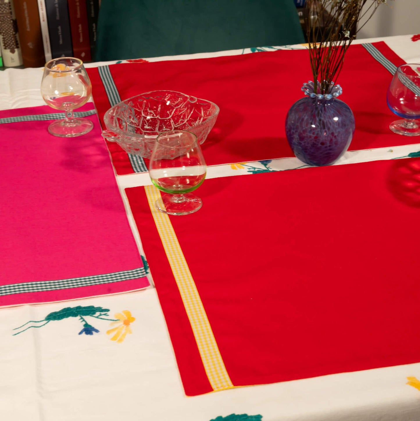 Red Colour Block Handmade Placemats Set of Two