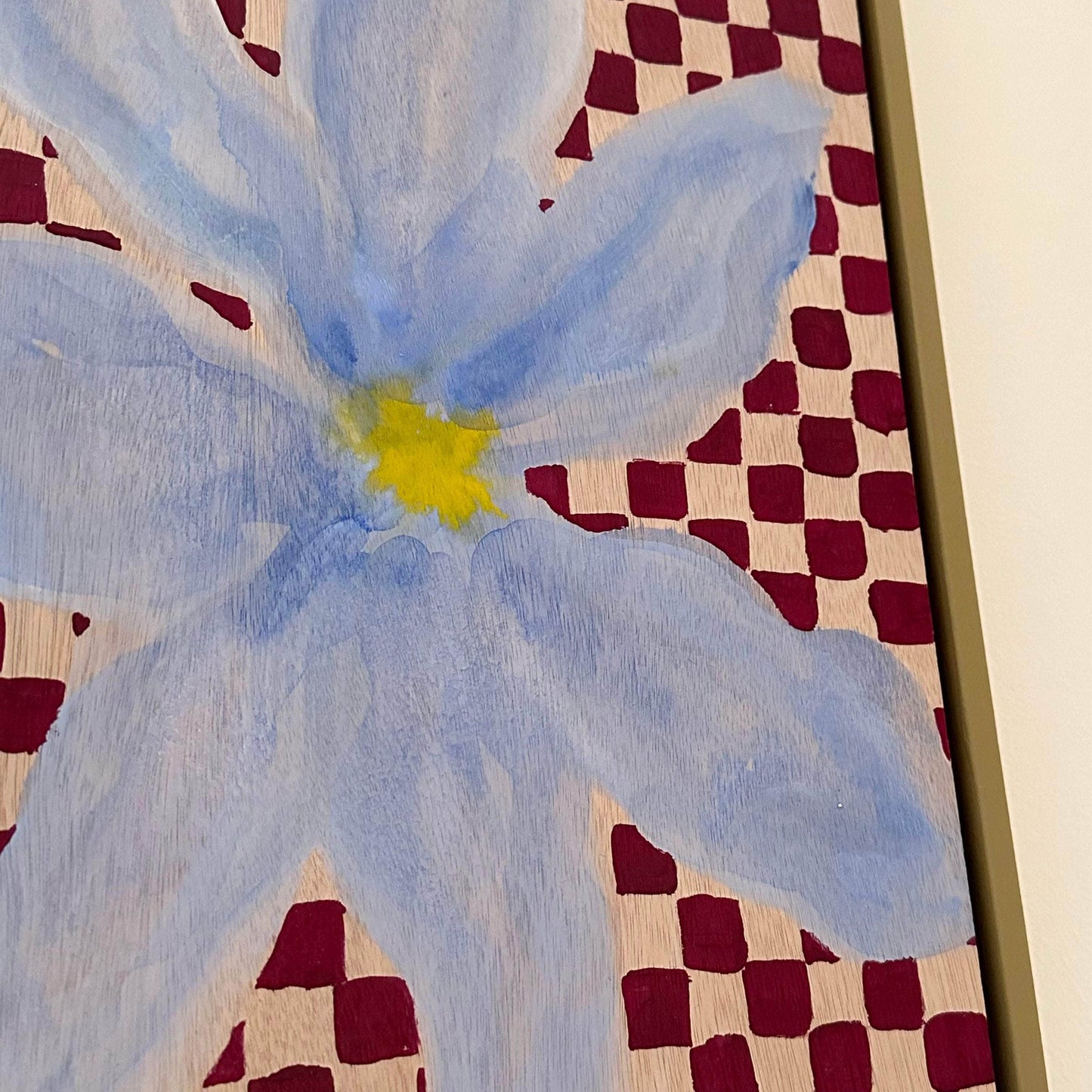 Soft Blue Bloom on Wood Checkerboard - Original Painting