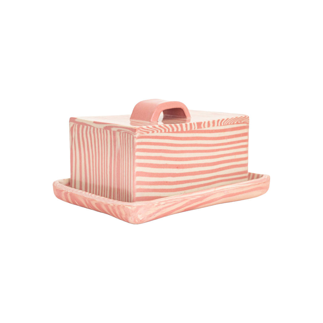 Pink Striped Butter Dish