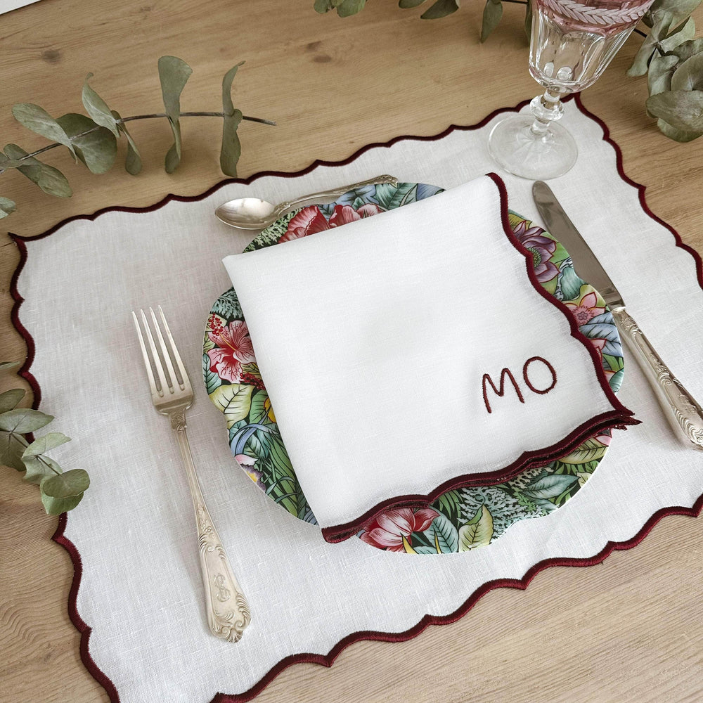 COMO - Personalised White and Bordeaux Linen Placemat and Napkin Set