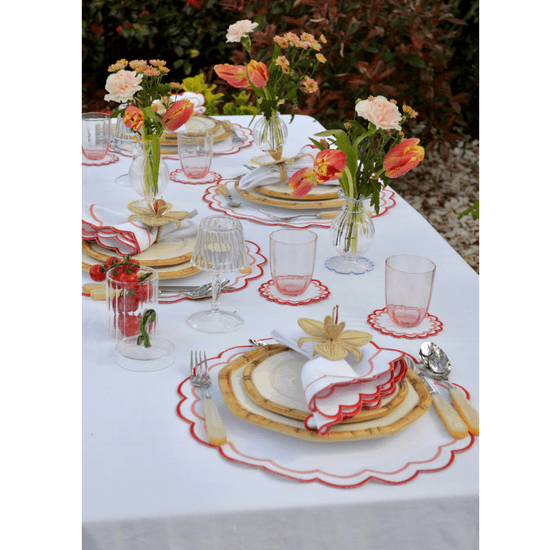 Set of 4 Scalloped Coasters Embroidered Red & Pink