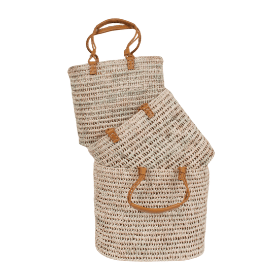 Pleated Leather Handle Basket - Mustard