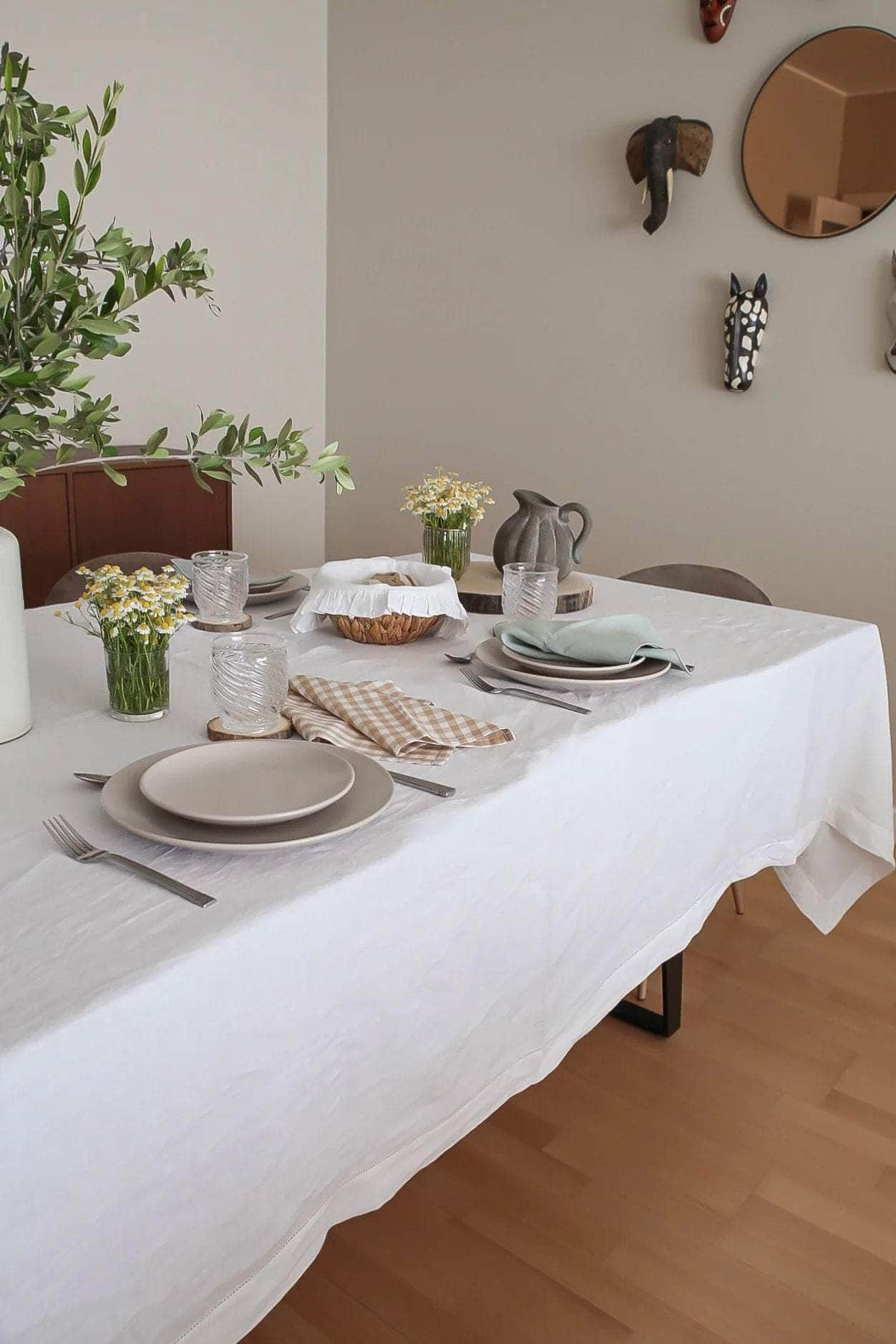 Hemstitch Linen/Cotton Tablecloth, White-don't put live pls