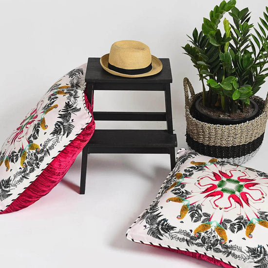 Silk Twill and Velvet Paradise Tropical Bird Print Cushion