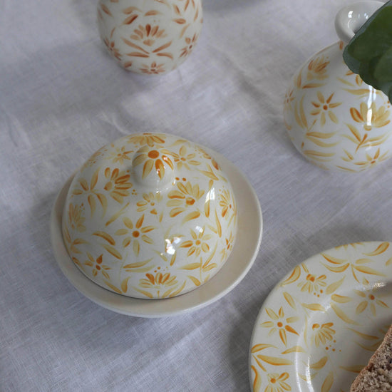 'Sunburst' Hand Painted Floral Round Butter Jam Dish - Yellow