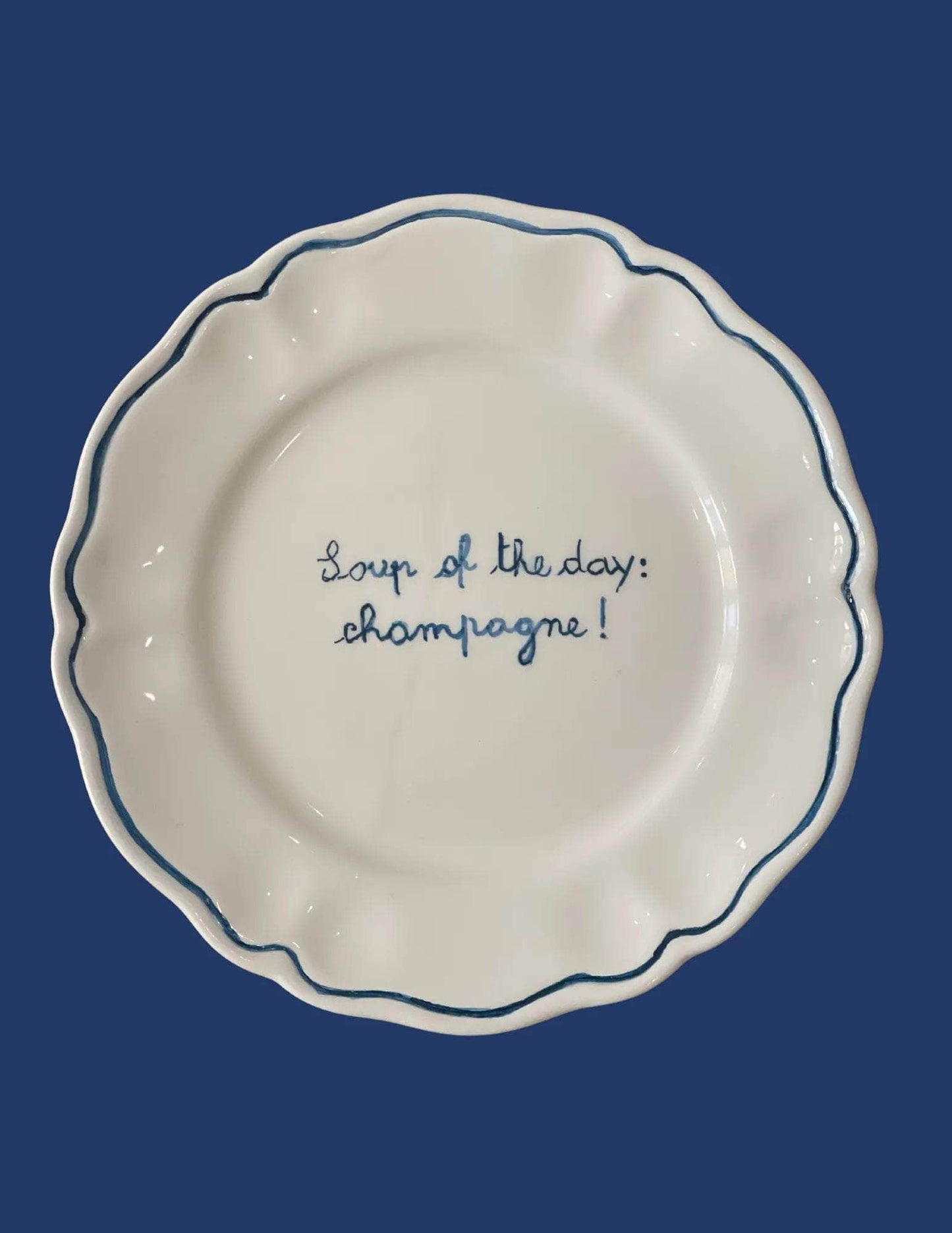 Sveva's Home Ceramic "Soup of the day: Champagne!" Scalloped Plate Set of 4