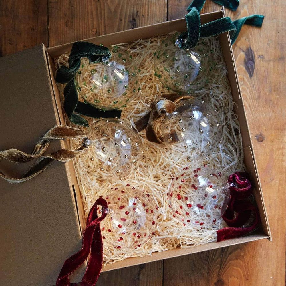 Box of Six Pom Glass Baubles - Mix