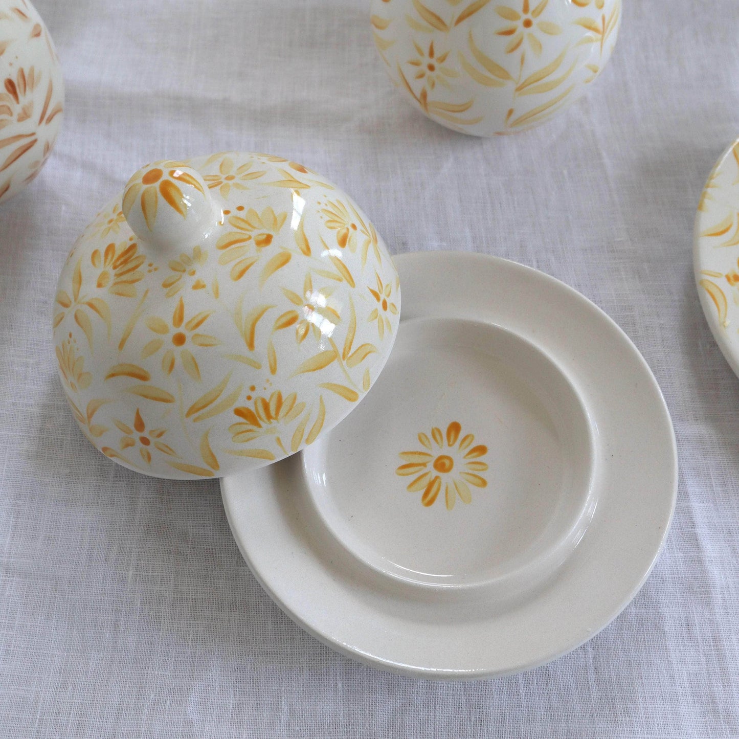 'Sunburst' Hand Painted Floral Round Butter Jam Dish - Yellow