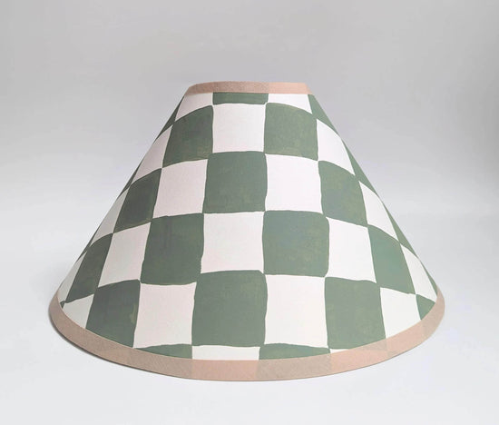 A Pair of Green & Cream Checkerboard Hand Painted Lampshades